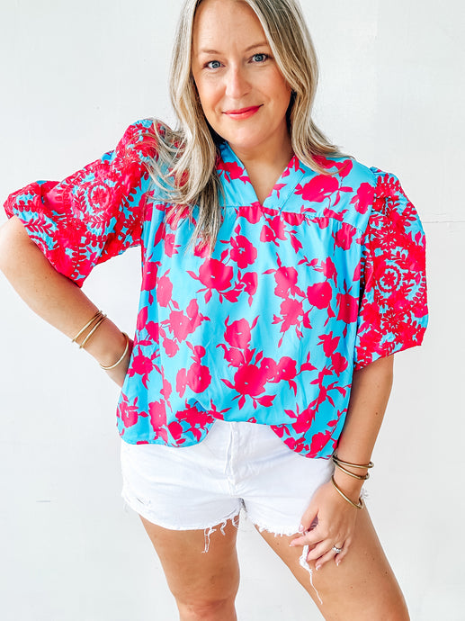 Blue Floral Top with Embroidered Sleeves
