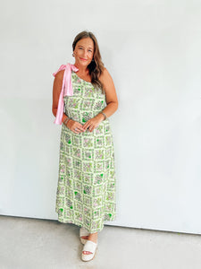 Green and Pink One Shoulder Dress