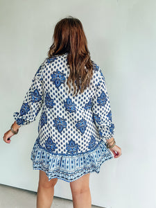 Blue & White Block Print Dress
