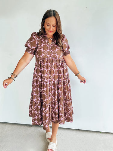 Brown & Pink Printed Midi Dress