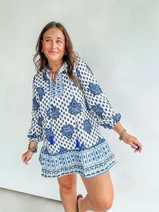Blue & White Block Print Dress