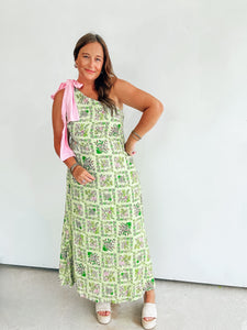 Green and Pink One Shoulder Dress