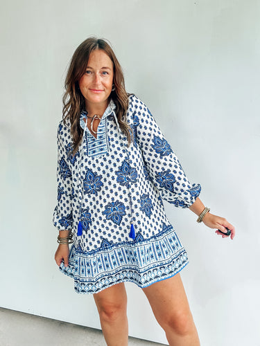 Blue & White Block Print Dress