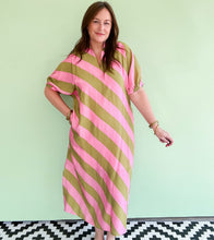 Load image into Gallery viewer, Pink &amp; lime Diagonal Stripe Midi Dress