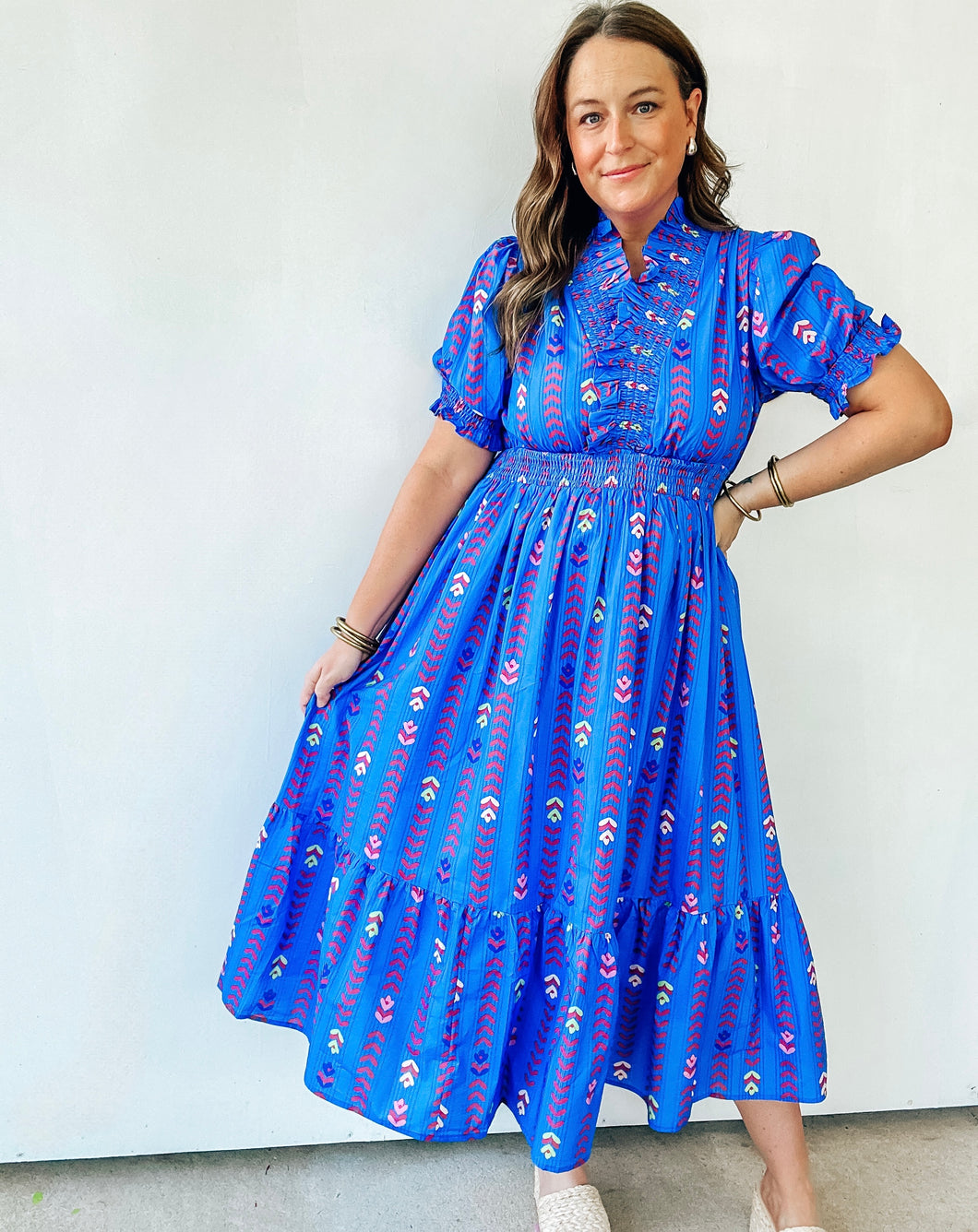 Blue Vibrant Ruffle Smocked Midi Dress