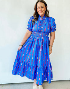 Blue Vibrant Ruffle Smocked Midi Dress