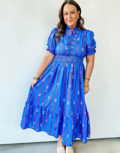 Blue Vibrant Ruffle Smocked Midi Dress