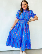 Load image into Gallery viewer, Blue Vibrant Ruffle Smocked Midi Dress