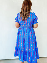Load image into Gallery viewer, Blue Vibrant Ruffle Smocked Midi Dress