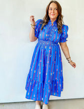 Load image into Gallery viewer, Blue Vibrant Ruffle Smocked Midi Dress