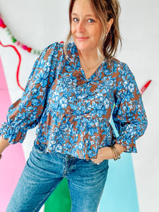 Brown & Blue Floral Print Top