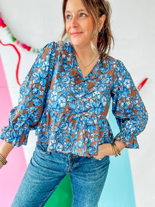 Brown & Blue Floral Print Top