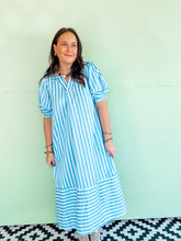 Load image into Gallery viewer, Blue Striped Puff Sleeve Midi Dress