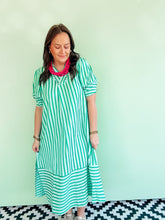 Load image into Gallery viewer, Green Striped Puff Sleeve Midi Dress