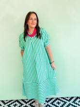 Load image into Gallery viewer, Green Striped Puff Sleeve Midi Dress