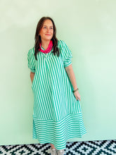 Load image into Gallery viewer, Green Striped Puff Sleeve Midi Dress