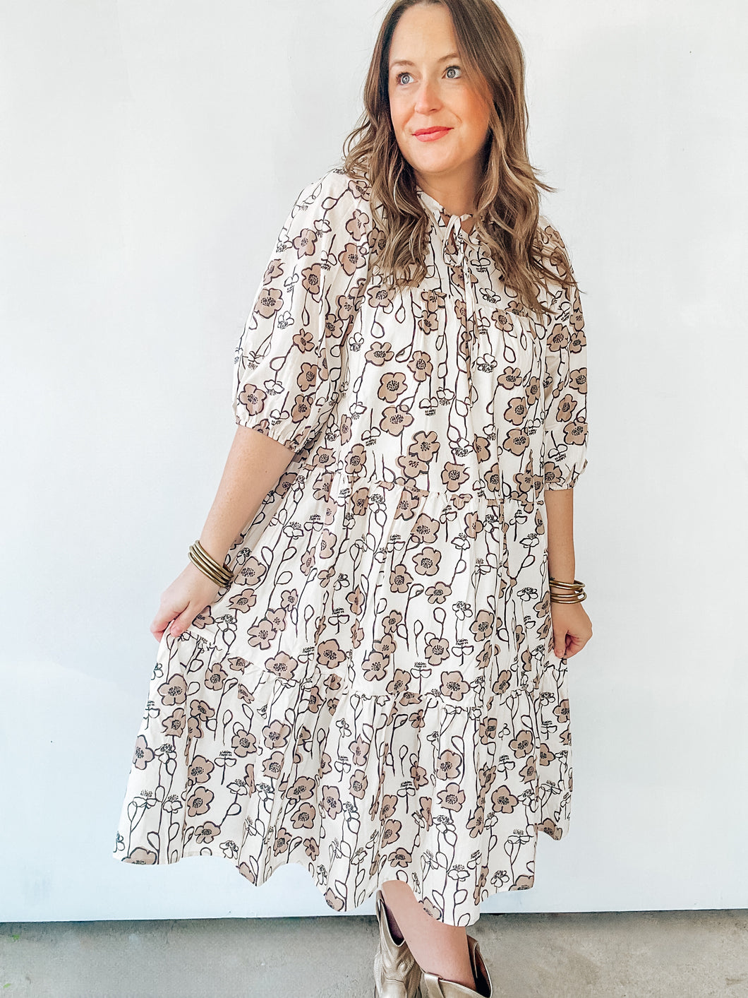 Cream Floral Print Midi Dress