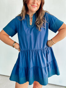 Navy Embroidered Dress with Green Embroidery