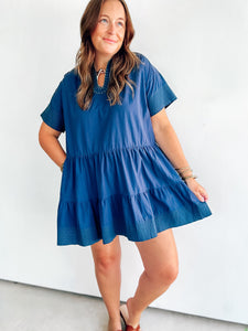 Navy Embroidered Dress with Green Embroidery