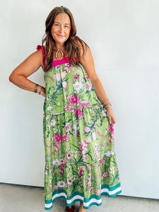 Green & Magenta Floral Print Maxi Dress