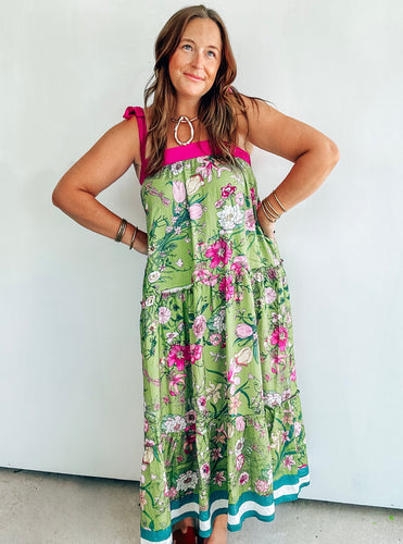 Green & Magenta Floral Print Maxi Dress