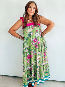 Green & Magenta Floral Print Maxi Dress