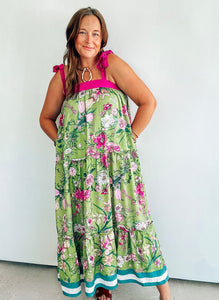 Green & Magenta Floral Print Maxi Dress