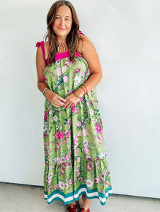 Green & Magenta Floral Print Maxi Dress