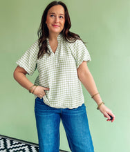 Load image into Gallery viewer, Green Gingham Bubble Sleeve Top