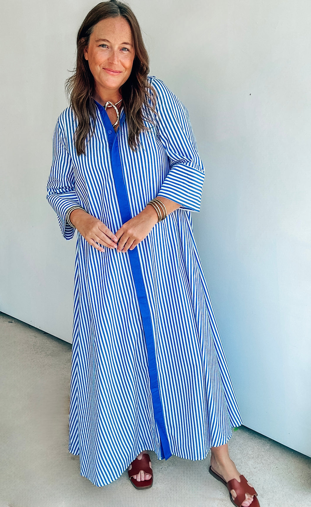Navy Striped Maxi Shirt Dress