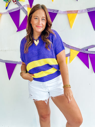 Purple & Gold Striped Sweater Top