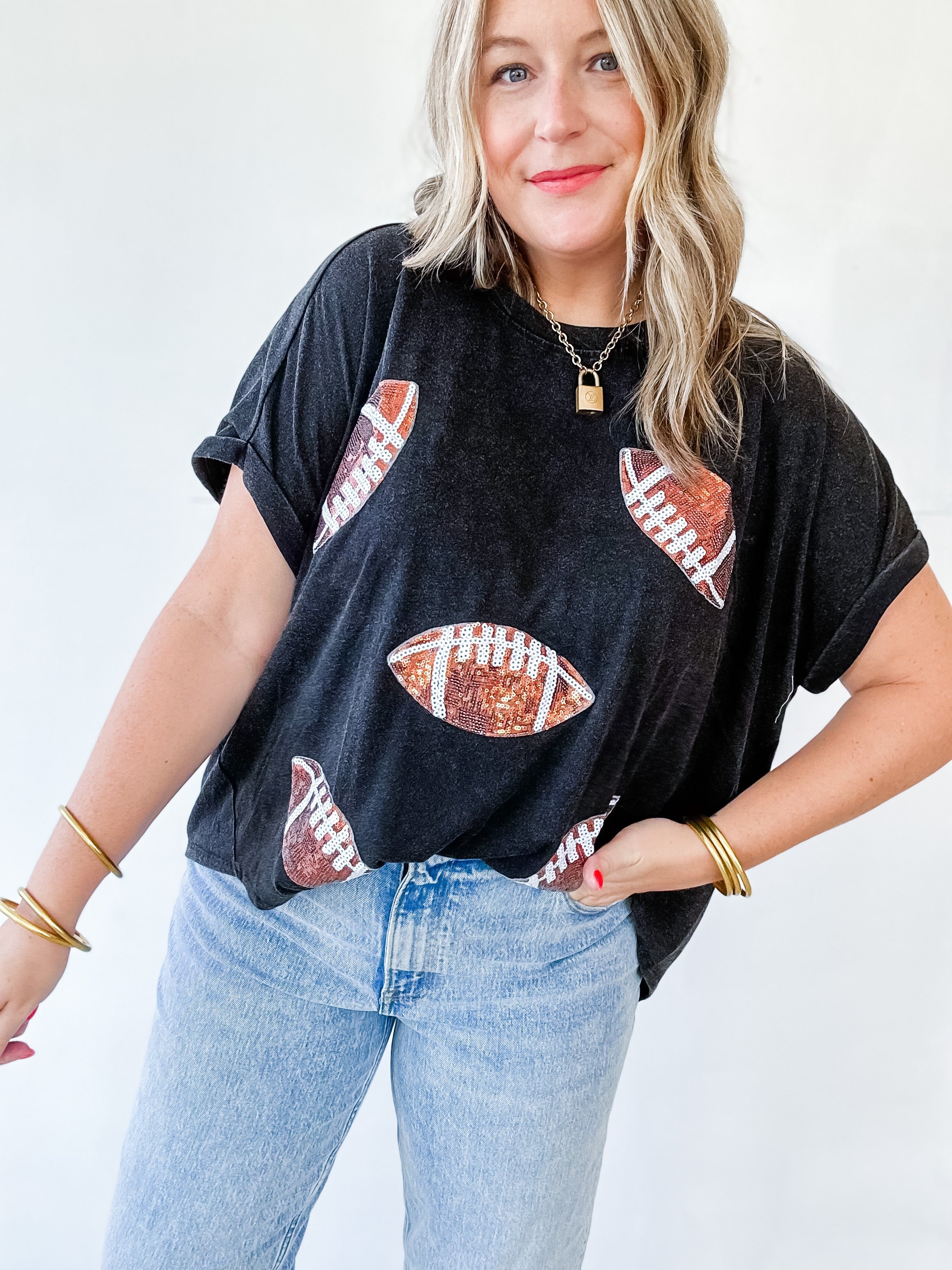 Black Crop Sequin Football Sweatshirt - localE.