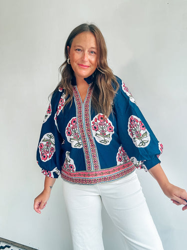 Navy Block Print Top