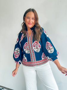 Navy Block Print Top