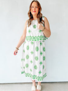 Cream & Green Printed Midi Dress