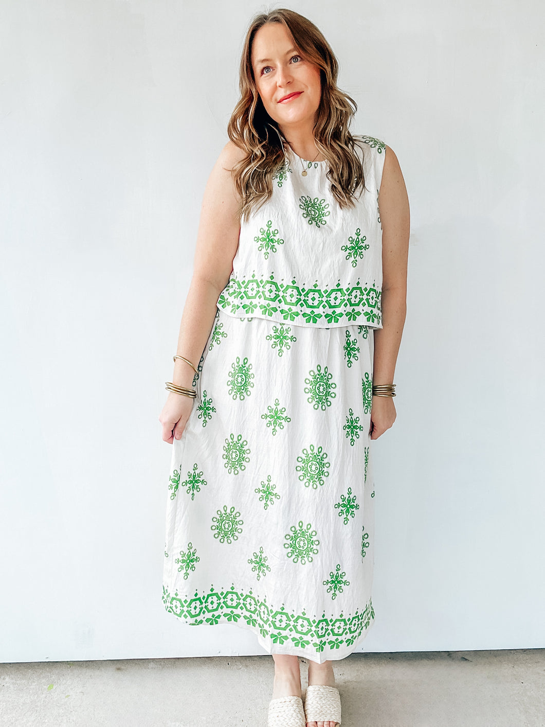 Cream & Green Printed Midi Dress