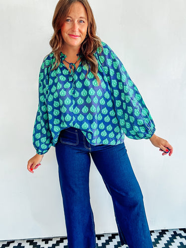 Navy & Green Printed Top