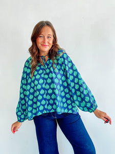 Navy & Green Printed Top