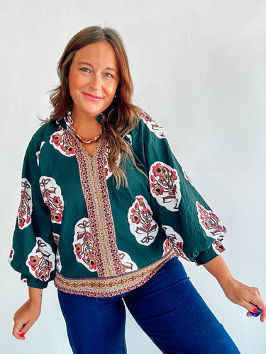 Forest Green Block Print Top