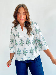 White Floral Block Print Top