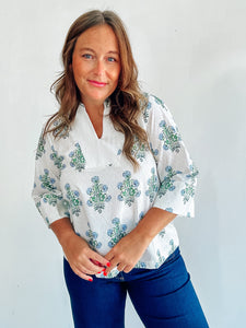 White Floral Block Print Top
