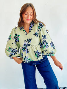 Green Floral Peplum Top