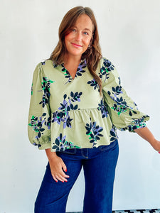 Green Floral Peplum Top