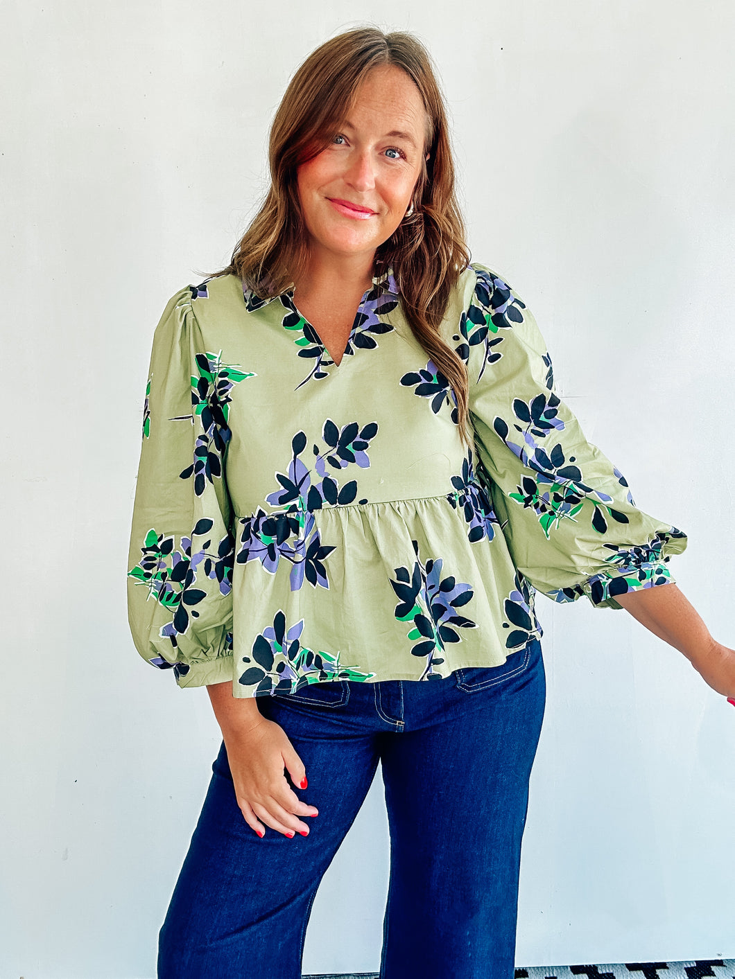 Green Floral Peplum Top