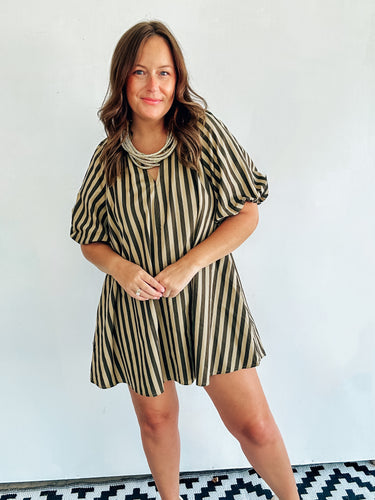 Puff Sleeve Striped Shift Dress
