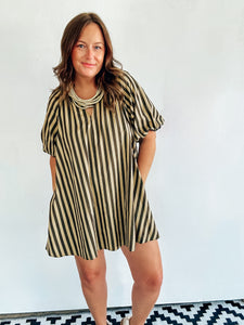 Puff Sleeve Striped Shift Dress