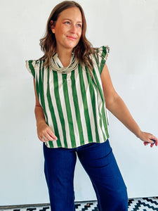 Green Striped Flutter Sleeve Top