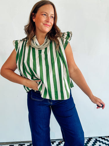 Green Striped Flutter Sleeve Top