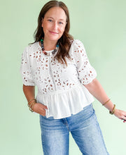 Load image into Gallery viewer, White Eyelet Peplum Top