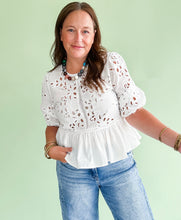 Load image into Gallery viewer, White Eyelet Peplum Top